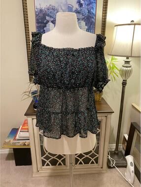Mi Ami Sheer Black Floral Ruffle Sleeve Blouse Size XL